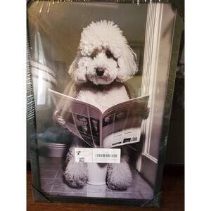 Black & White Poodle on Toilet w/ Newspaper Print Artwork Aesthetic Home Decor